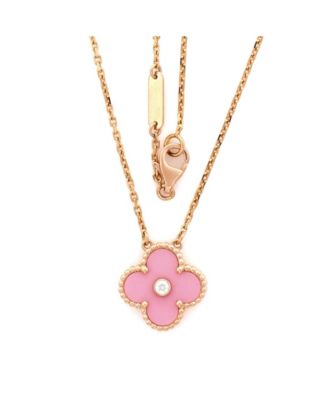  Vintage Alhambra Pendant Necklace 18K Rose Gold and Pink Sevres Porcelain with Diamond, 16.5"