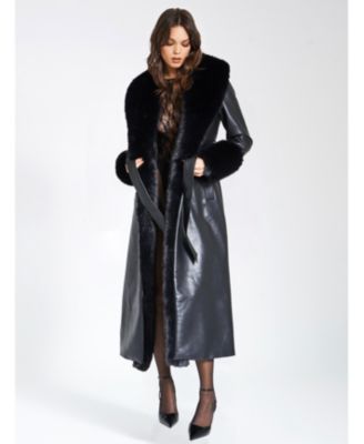  Zaida Faux Fur Trim Faux Leather Coat