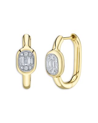 Shy Creation 14k Yellow Gold Diamond Baguette & Round Cluster Hoop Earrings