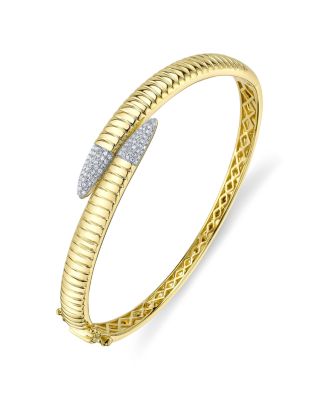 14K Yellow Gold Diamond Pav&eacute; Ridge Texture Bypass Bangle Bracelet