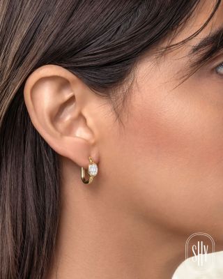 14K Yellow Gold Diamond Baguette & Round Cluster Hoop Earrings