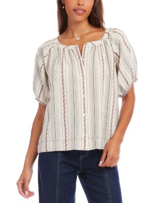 Stripe Puff Sleeve Embroidered Peasant Top