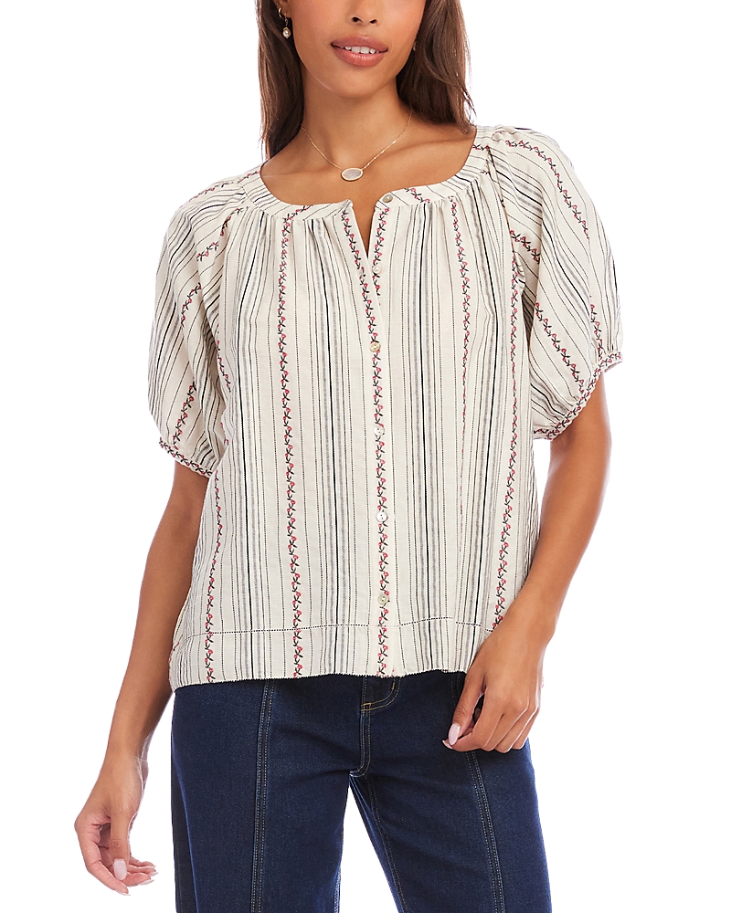 Karen Kane Stripe Puff Sleeve Embroidered Peasant Top