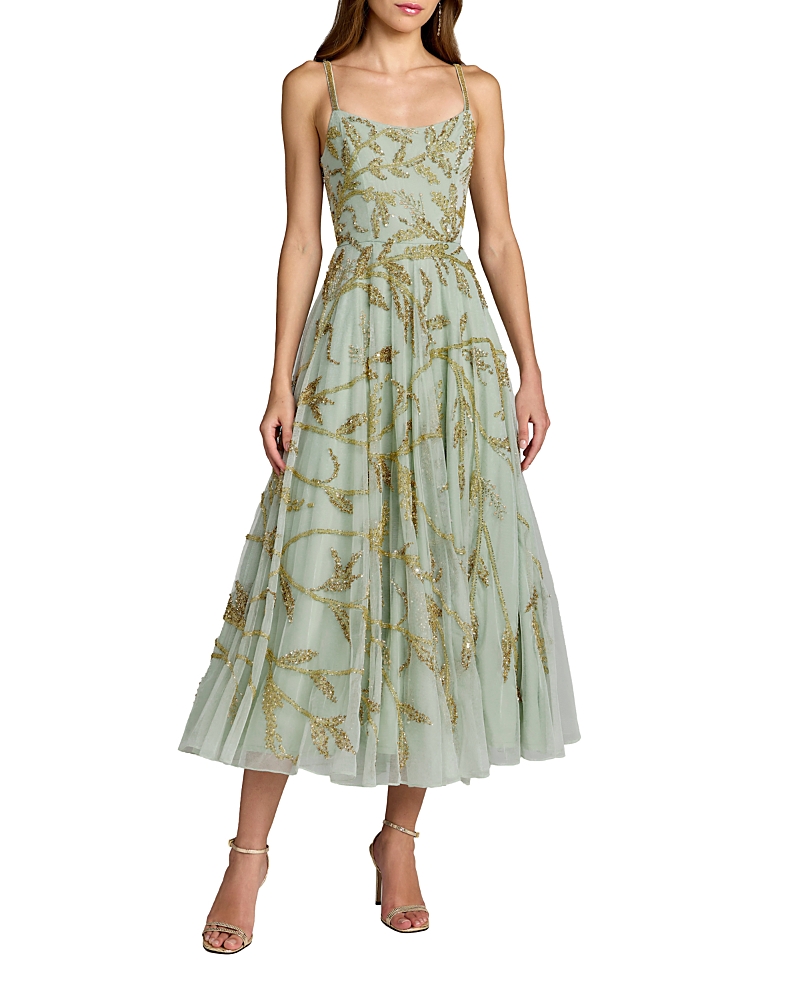 Mac Duggal Spaghetti Strap Floral Hand Beaded Midi Dress