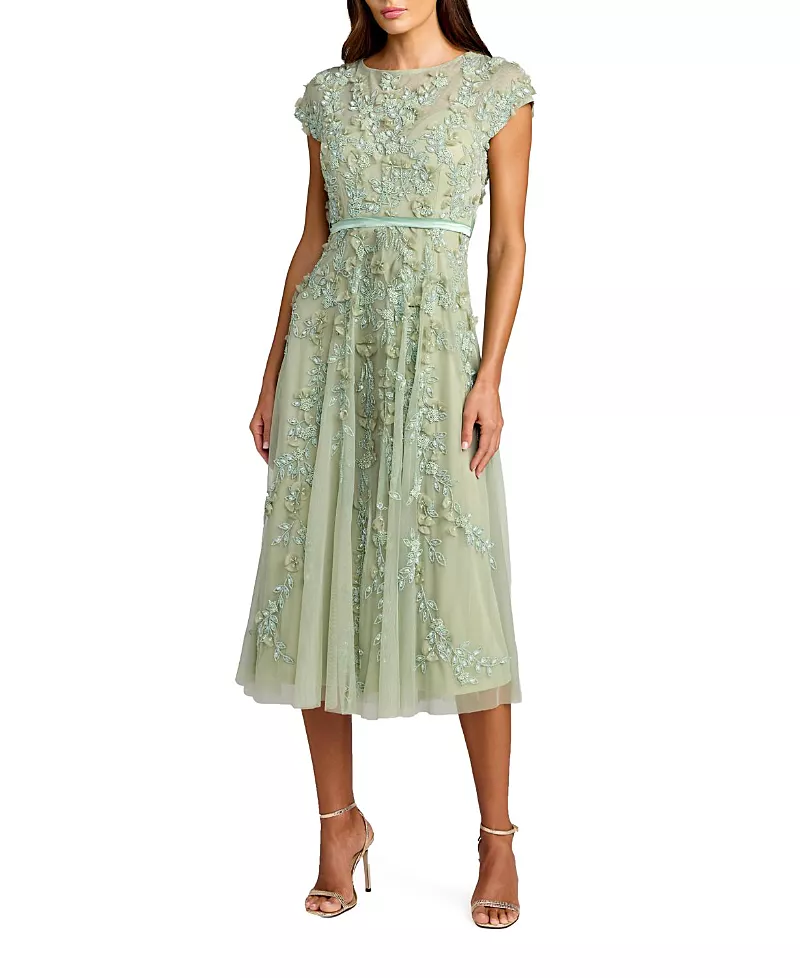 Mac Duggal Petite Floral Embellished Cap Sleeve Midi Dress
