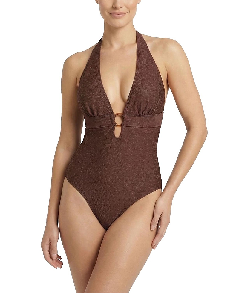 Change of Scenery Gabrielle Ring Halter One-Piece Swimsuit in Metallic