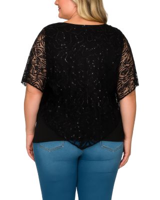 Plus Size Embroidered Sequinned Lace Poncho Top