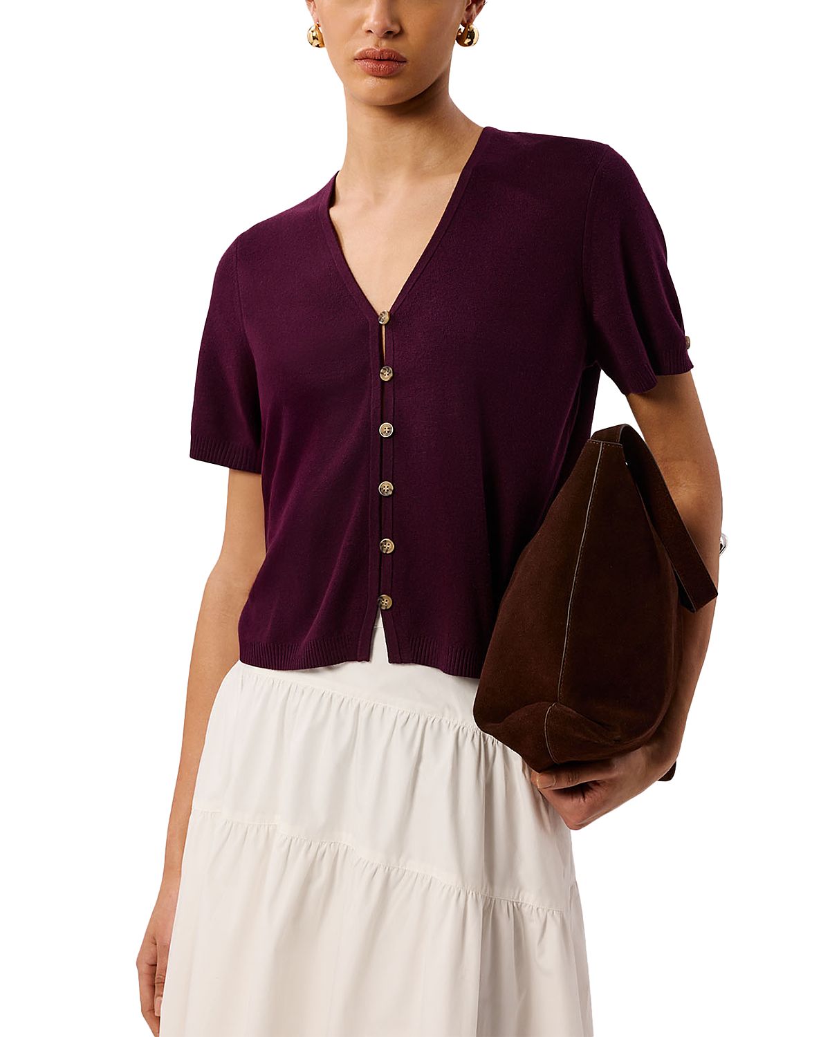 Whistles Short Sleeve Button Front Knit Top