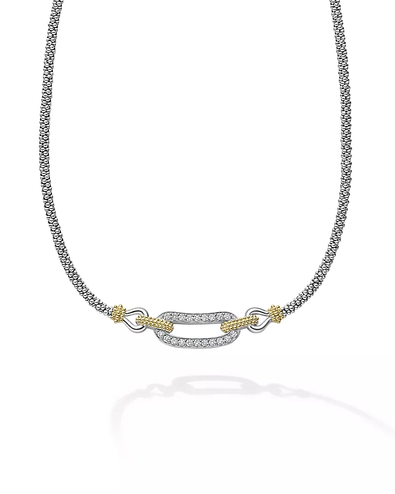 Lagos 18K Yellow Gold & Sterling Silver Caviar Lux Diamond Clip Collar Necklace, 17