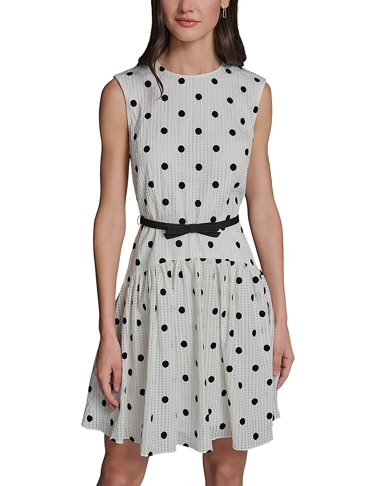 Karl Lagerfeld Paris Polka Dot Seersucker Belted A Line Dress