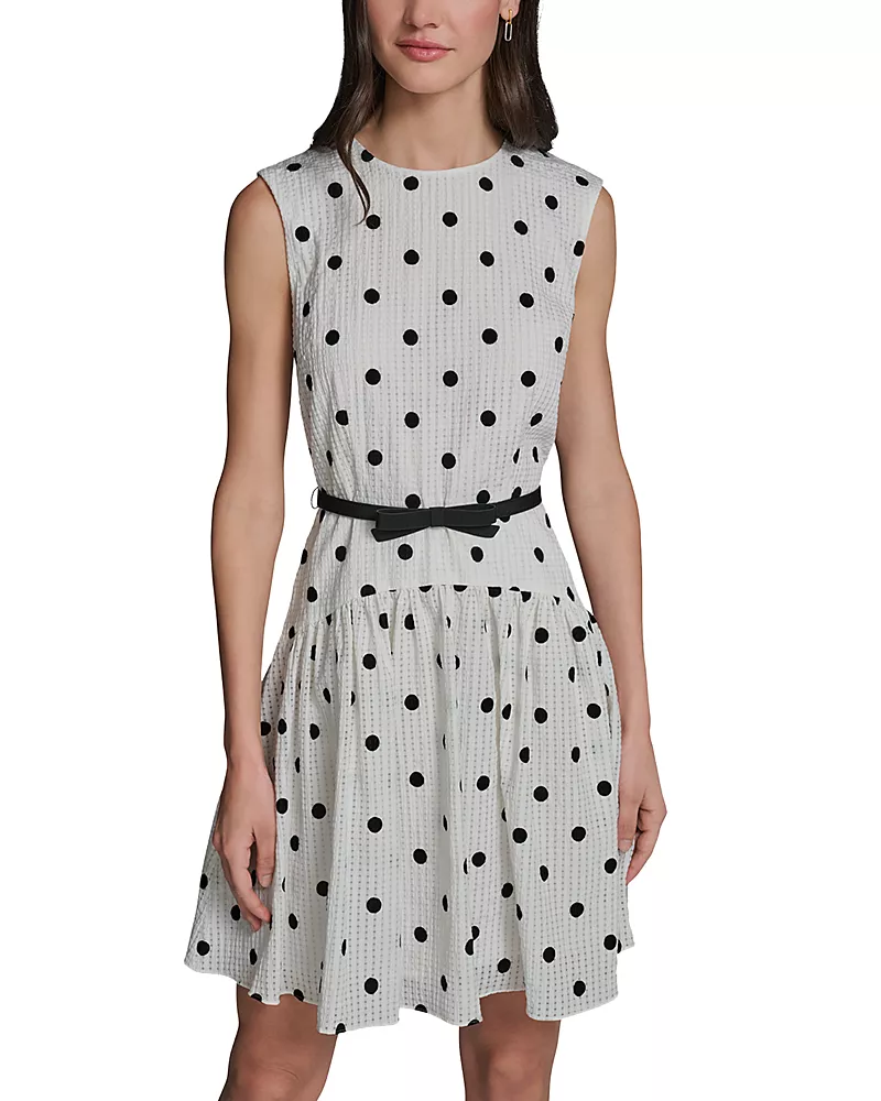 Karl Lagerfeld Paris Polka Dot Seersucker Belted A Line Dress
