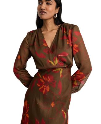 Printed V Neck Tie Detail Midi Dress