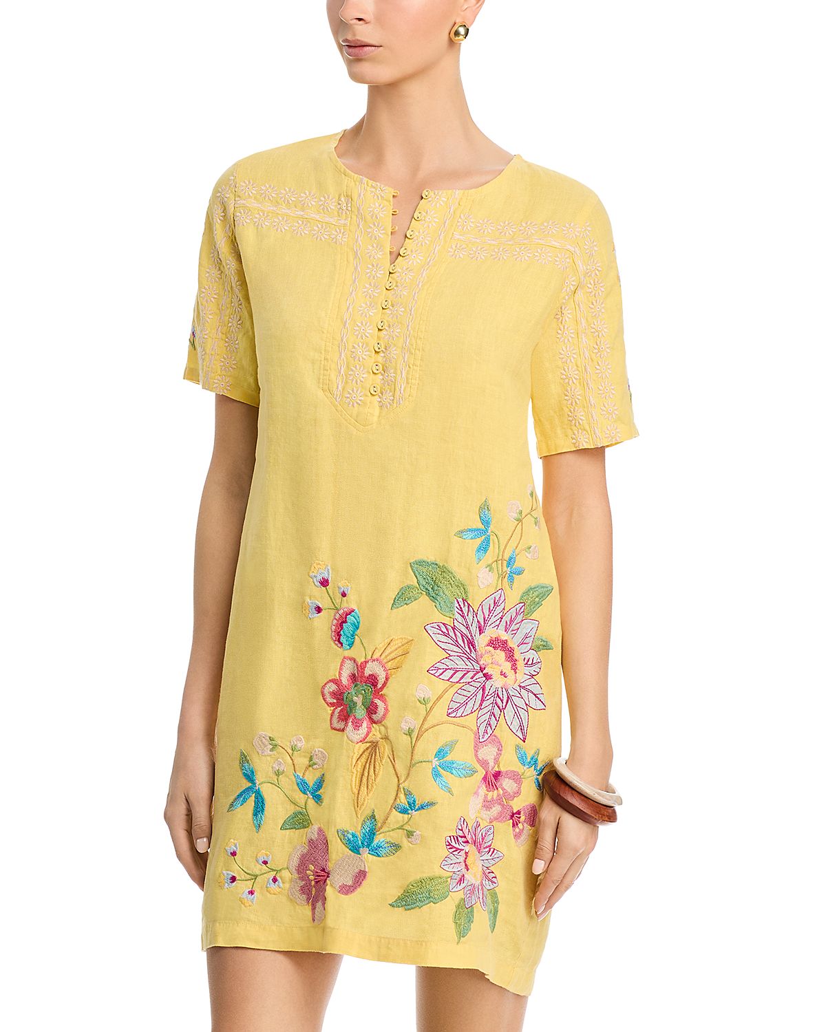 Johnny Was Seamed Button Neck Linen Dress