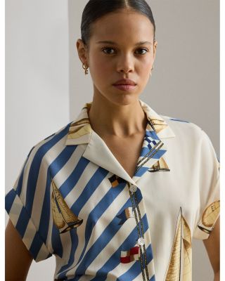 Striped Sailboat Print Crepe Camp Shirt
