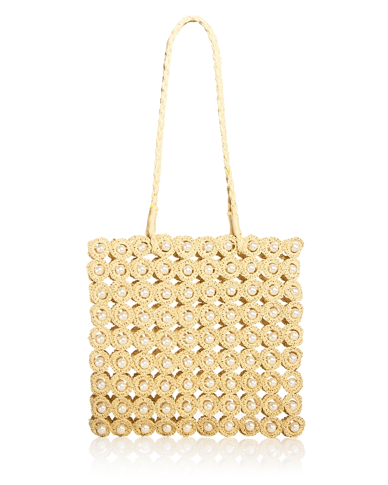 Aqua Imitation Pearl & Crochet Straw Tote