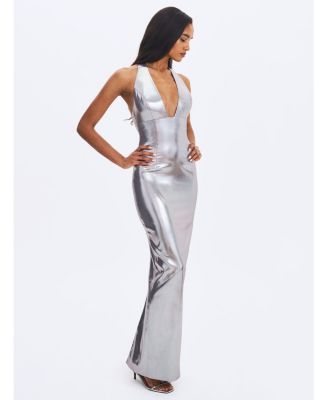  Valeska Foil Plunging Sheath Maxi Dress