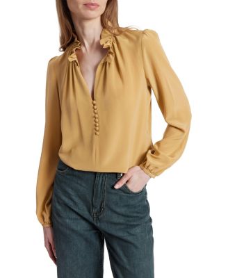  Astrid Long Sleeve Silk Ruffle-Neck Top