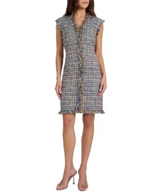  Tuscany Cap Sleeve V-Neck Sheath Tweed Dress