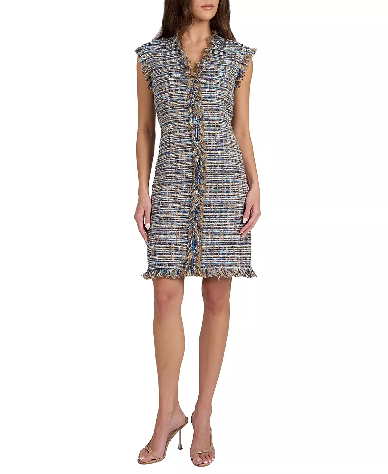 Santorelli Tuscany Cap Sleeve V-Neck Sheath Tweed Dress