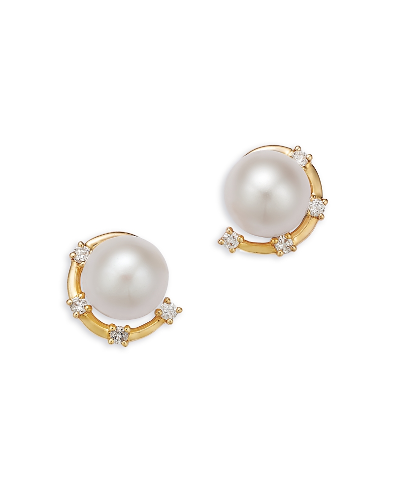 Bloomingdale's Fine Collection Spring Pearl Freshwater Pearl & Diamond Demi Frame Earrings in 14K Yellow Gold