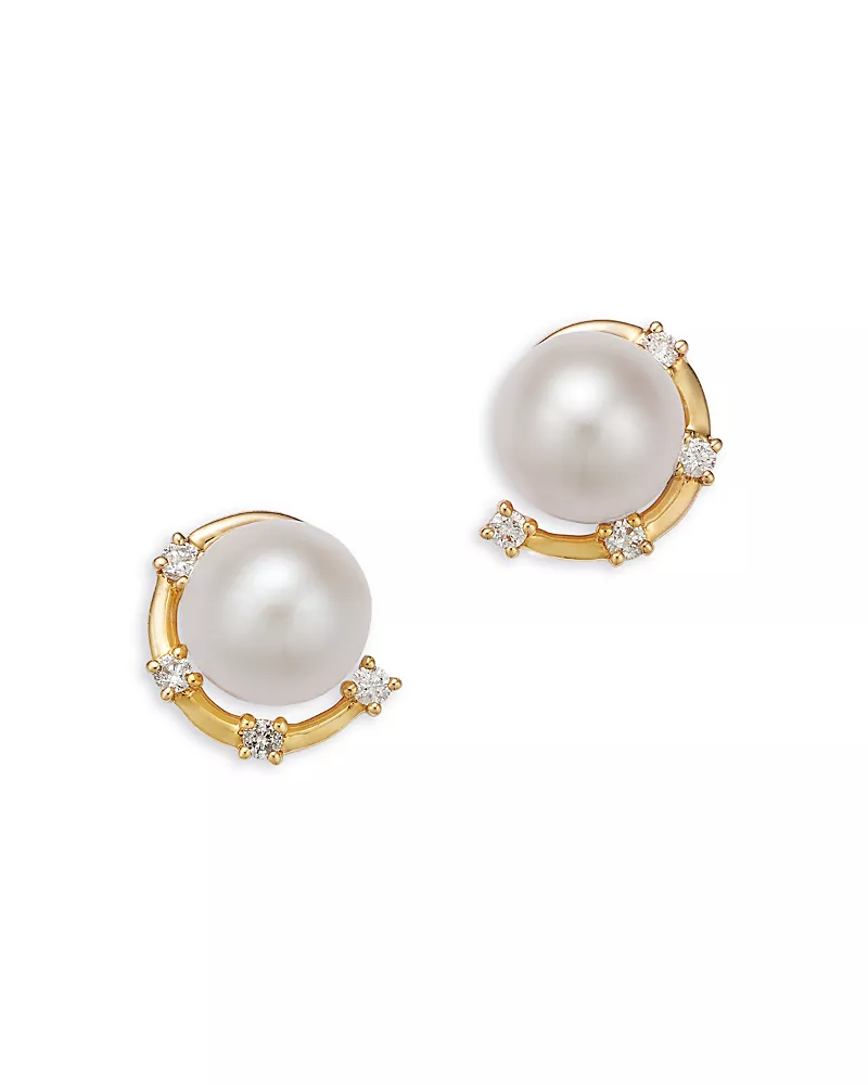 Bloomingdale's Fine Collection Spring Pearl Freshwater Pearl & Diamond Demi Frame Earrings in 14K Yellow Gold