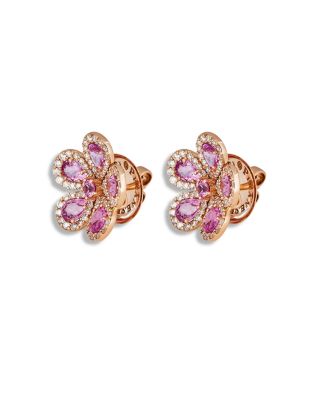 18K Rose Gold Diamond & Pink Sapphire Classic Flower Earrings
