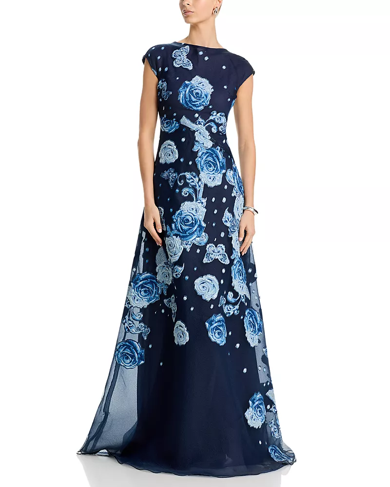 Teri Jon by Rickie Freeman Organza Jacquard Diagonal Seam Gown