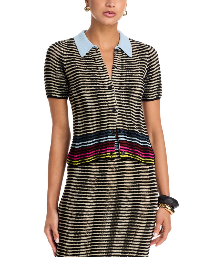 Christopher John Rogers Wave Knit Short Sleeve Polo Shirt in Black Multi