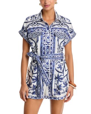 Farm Rio Wonderful City Linen Belted Romper In Blue