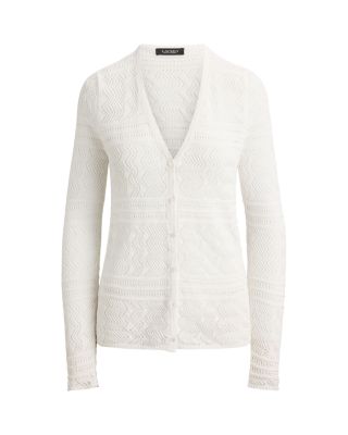 Pointelle Linen-Blend V Neck Cardigan Sweater