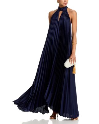 High Neck Pleated Satin Dress - Exclusive 