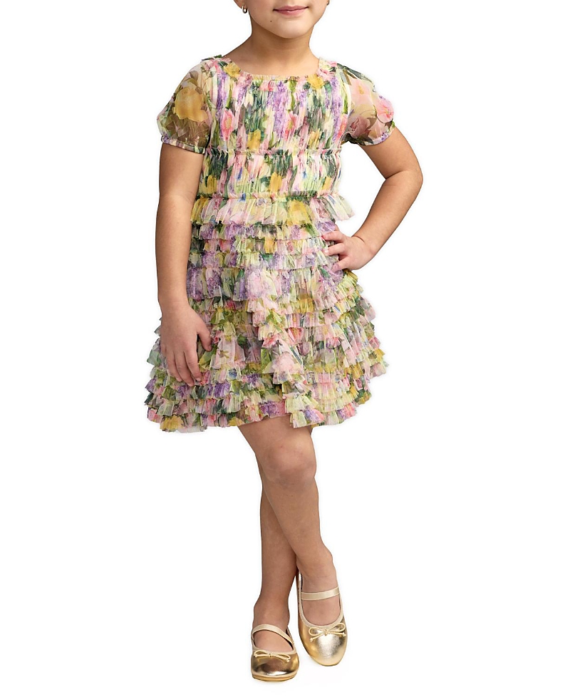 Mac Duggal Girls' Floral Scoop Neck Ruffle Dress - Little Kid, Big Kid