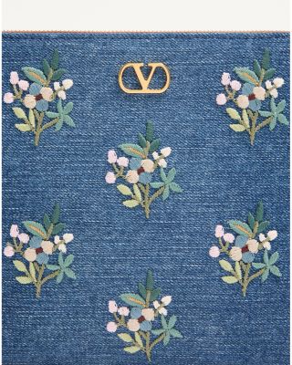 Medium Floral Embroidered Denim Flat Pouch  
