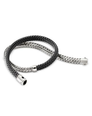 Sterling Silver Icon Black Leather Braid Double Wrap Bracelet