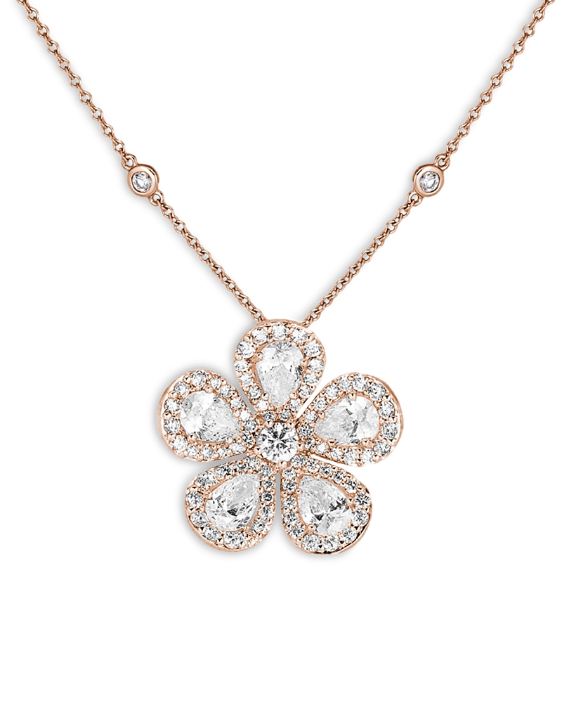 Piranesi 18K Rose Gold Classic Flower Diamond Pear & Round Pendant Necklace, 16