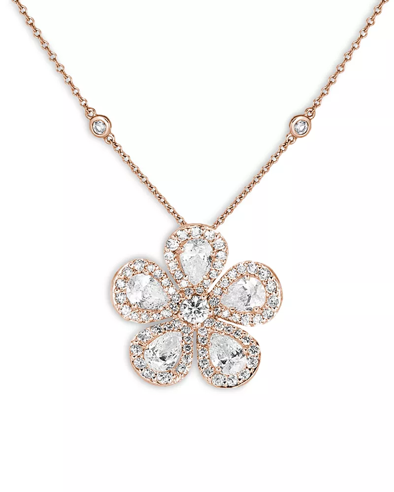 Piranesi 18K Rose Gold Classic Flower Diamond Pear & Round Pendant Necklace, 16