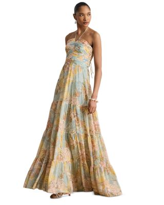 Floral Georgette Tiered Halter Gown