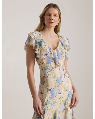 Floral Ruffle Trim Georgette Gown