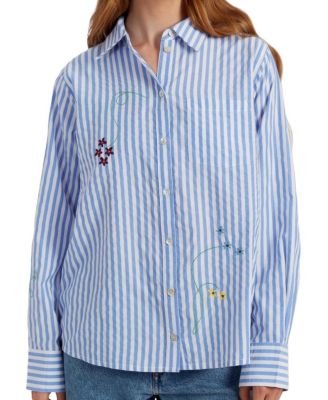  Women's Cotton Oxford Stripe Floral Shirt