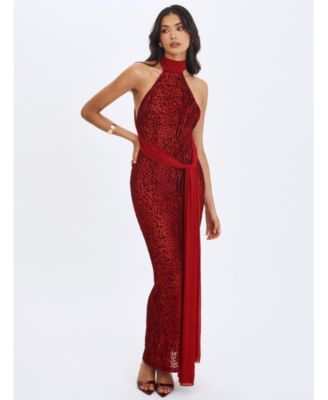  Cerise Burnout Velvet Multiwear Mesh Ribbon Maxi Dress
