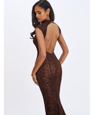  Tyanna Burnout Velvet Mesh Backless Mermaid Maxi Dress