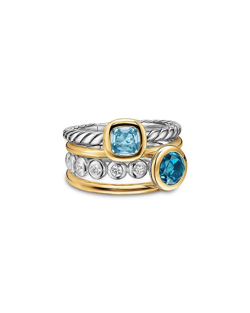 Dy Mercer Color Stone Multi Row Ring in Sterling Silver with 18K Yellow Gold, Blue Topaz and Diamonds, 10mm