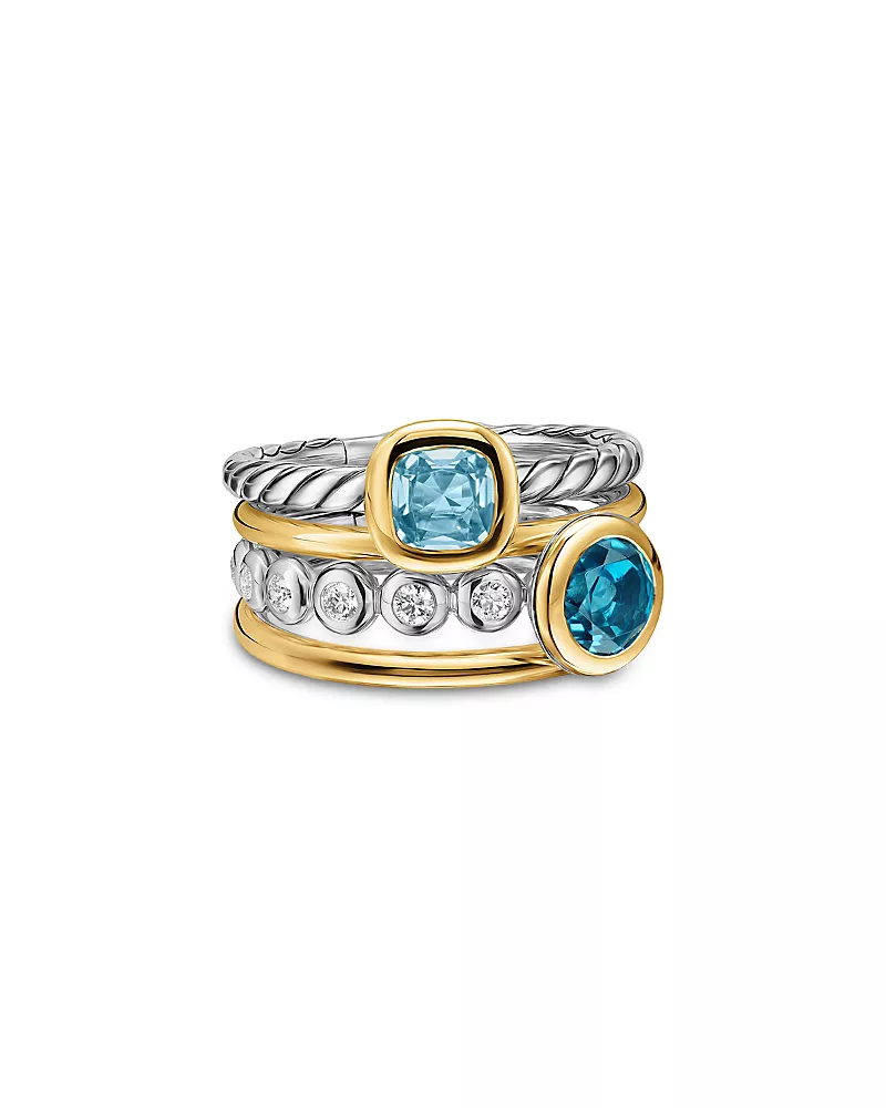 Dy Mercer Color Stone Multi Row Ring in Sterling Silver with 18K Yellow Gold, Blue Topaz and Diamonds, 10mm