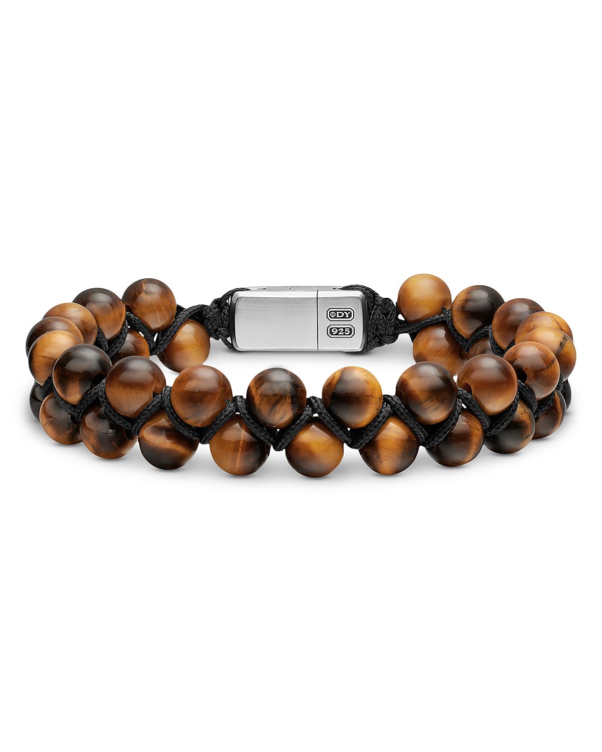 Spiritual Beads Two Row Woven Bracelet with Tiger's Eye, Black Nylon and Sterling Silver, 8mm
