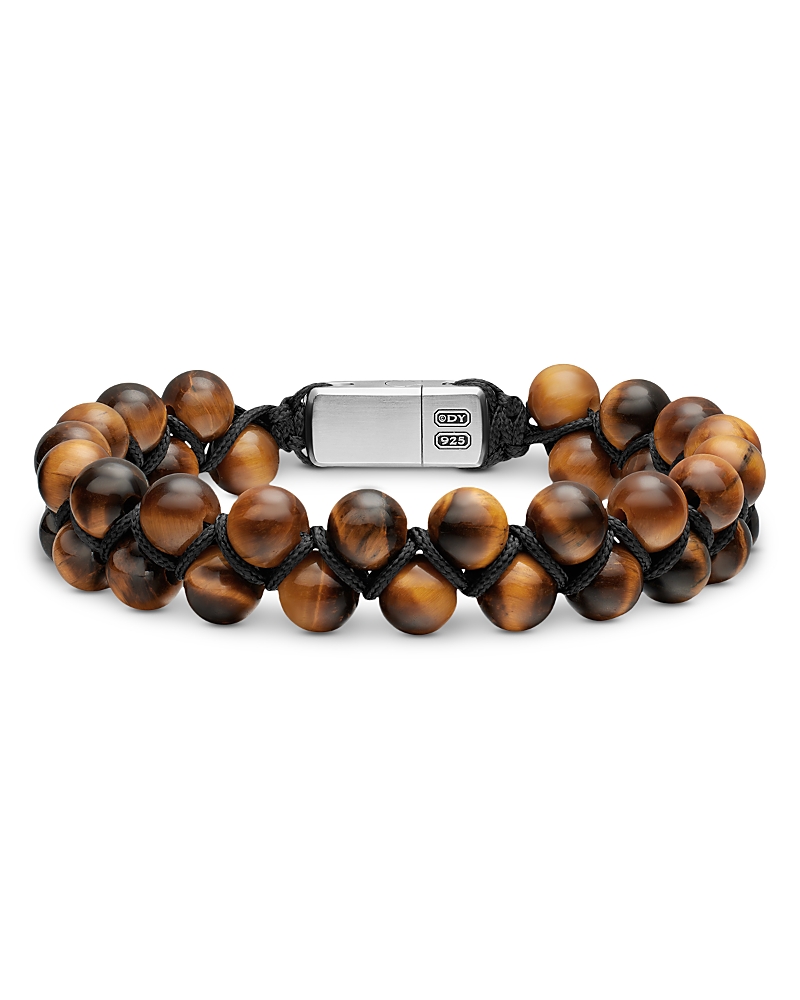 Men's Spiritual Beads Two Row Woven Bracelet with Tiger's Eye, Black Nylon and Sterling Silver, 8mm