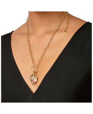 18K Yellow Gold Classic Cabochon Amulet with Oval Rock Crystal, Royal Blue Moonstone and Tanzanite