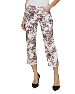 Blaine Low Rise Crop Stovepipe Jeans in White Garden Butterflies