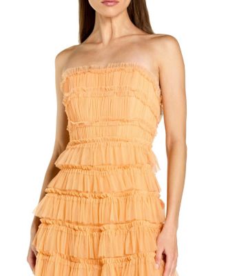  Solid Mesh Dot Micro Ruffle Strapless Midi Dress