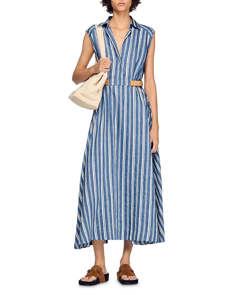 Sandro Striped Maxi Dress with Leather Tab