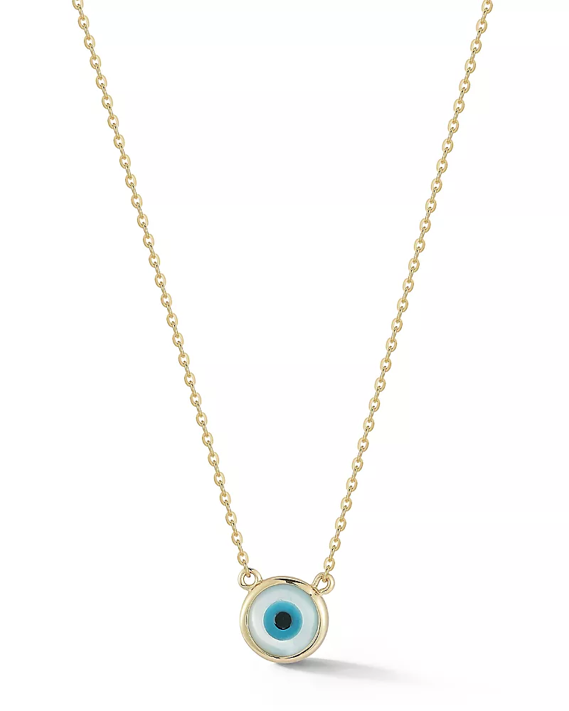 Moon & Meadow 14K Yellow Gold Mother of Pearl Evil Eye Pendant Necklace, 16